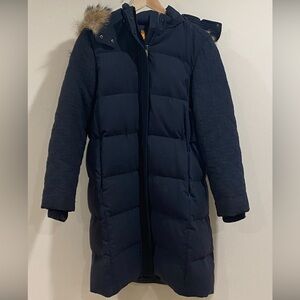 Tory Burch Sasha Navy Puffer Coat with Fur Trim